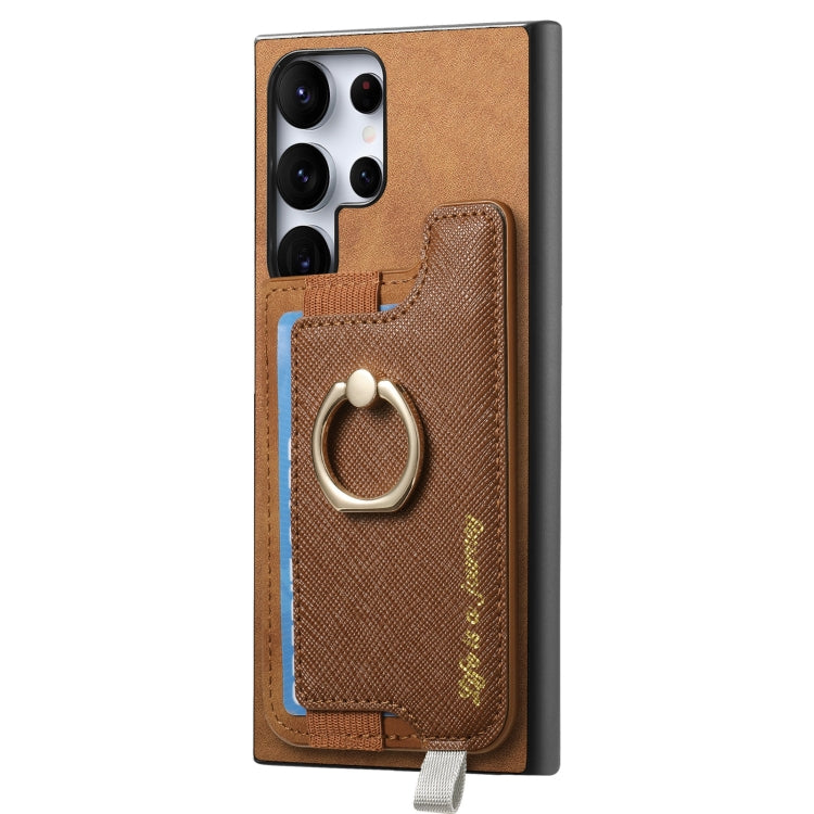 For Samsung Galaxy S23 Ultra 5G Retro Cross Leather Ring Horizontal Insert Card Bag MagSafe Phone Case