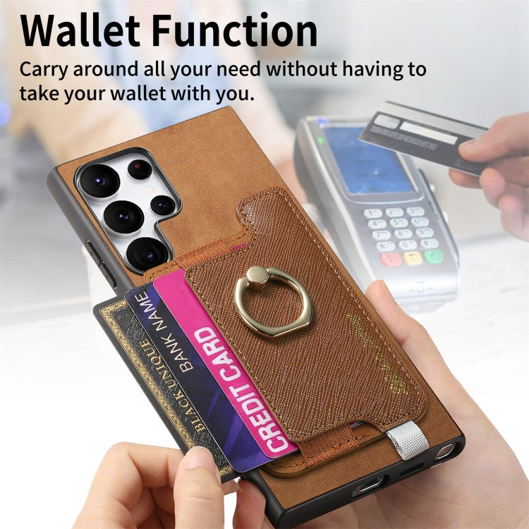 For Samsung Galaxy S23 Ultra 5G Retro Cross Leather Ring Horizontal Insert Card Bag MagSafe Phone Case