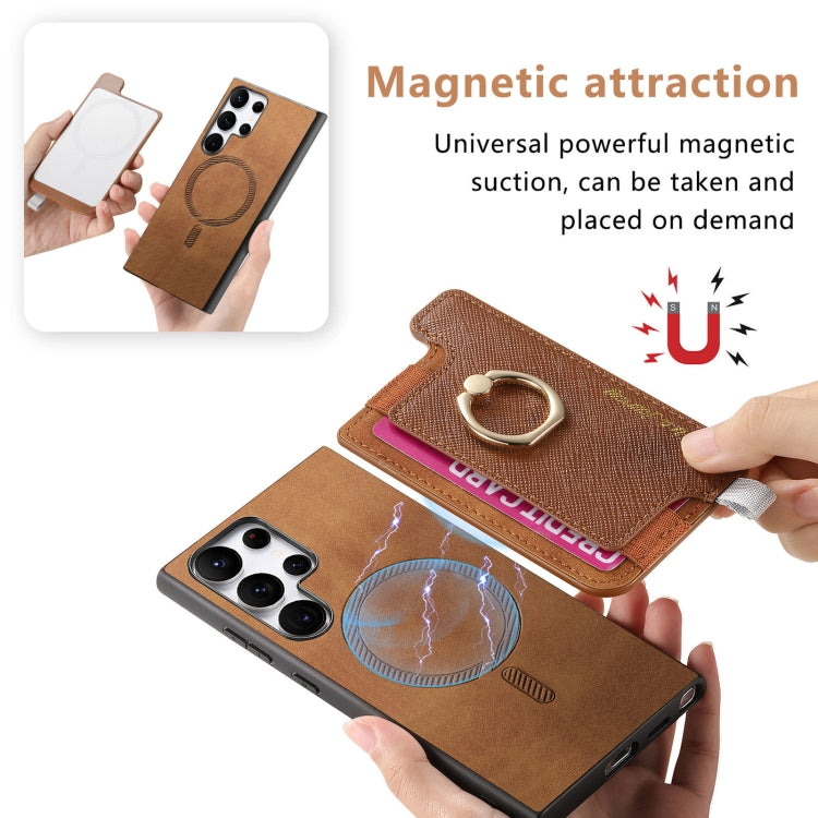 For Samsung Galaxy S23 Ultra 5G Retro Cross Leather Ring Horizontal Insert Card Bag MagSafe Phone Case