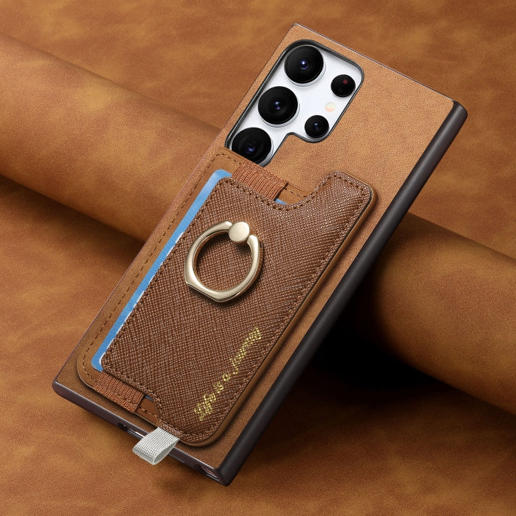 For Samsung Galaxy S23 Ultra 5G Retro Cross Leather Ring Horizontal Insert Card Bag MagSafe Phone Case