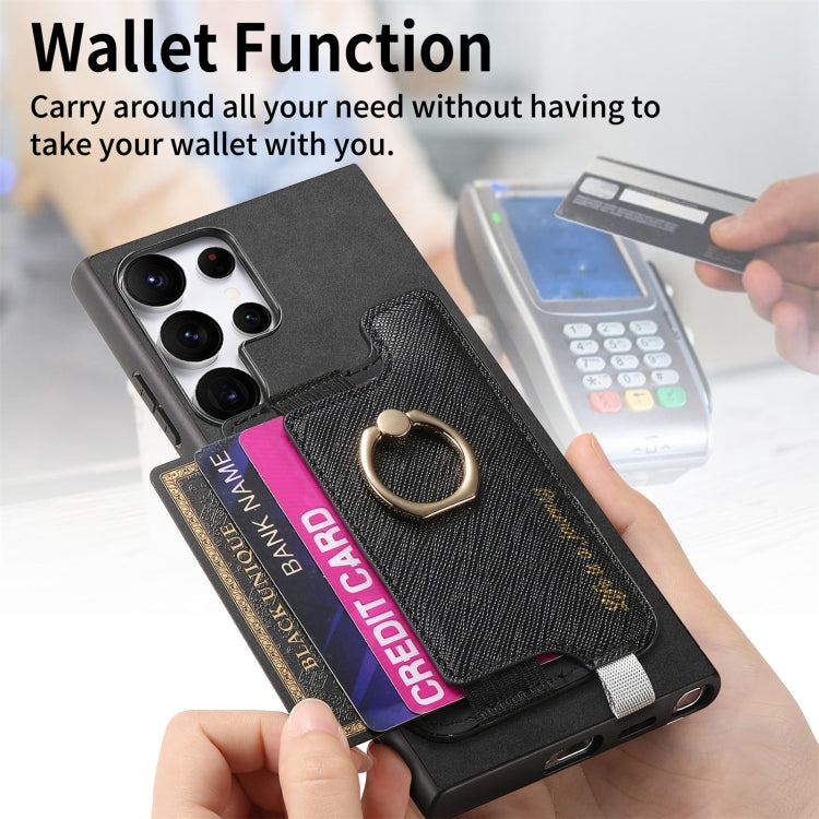 For Samsung Galaxy S23 Ultra 5G Retro Cross Leather Ring Horizontal Insert Card Bag MagSafe Phone Case