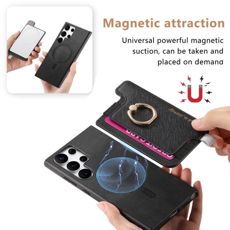 For Samsung Galaxy S23 Ultra 5G Retro Cross Leather Ring Horizontal Insert Card Bag MagSafe Phone Case