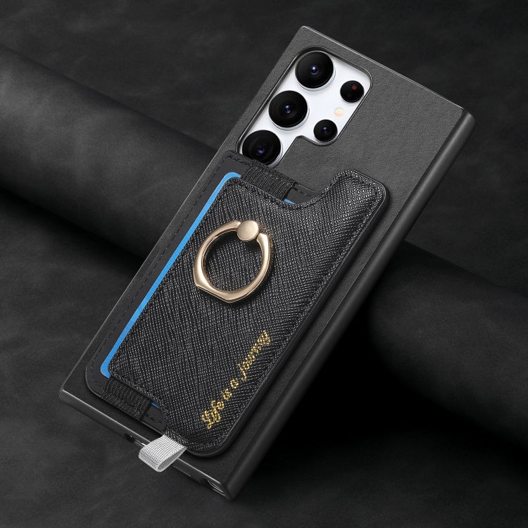 For Samsung Galaxy S23 Ultra 5G Retro Cross Leather Ring Horizontal Insert Card Bag MagSafe Phone Case