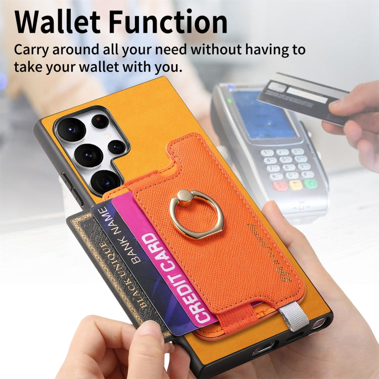 For Samsung Galaxy S23 Ultra 5G Retro Cross Leather Ring Horizontal Insert Card Bag MagSafe Phone Case