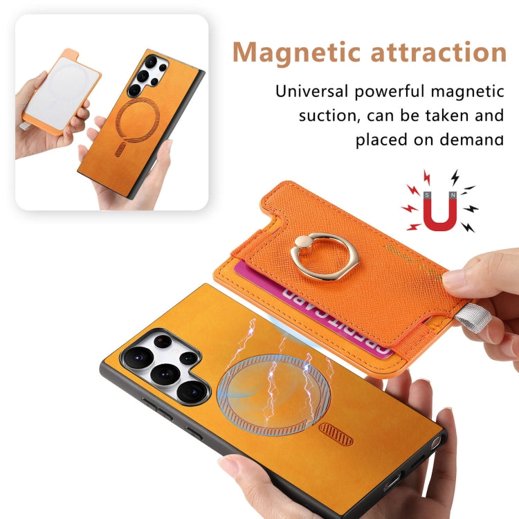 For Samsung Galaxy S23 Ultra 5G Retro Cross Leather Ring Horizontal Insert Card Bag MagSafe Phone Case