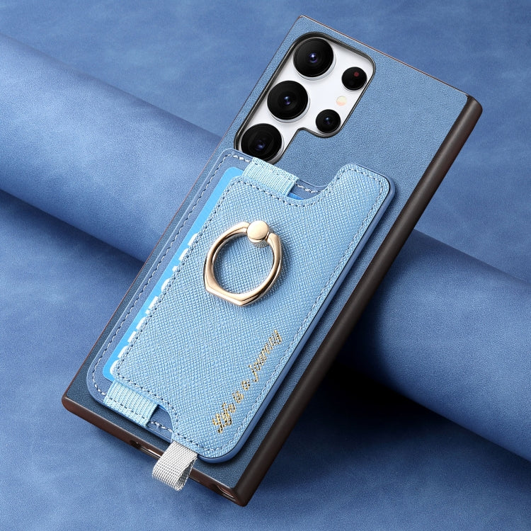 For Samsung Galaxy S23 Ultra 5G Retro Cross Leather Ring Horizontal Insert Card Bag MagSafe Phone Case