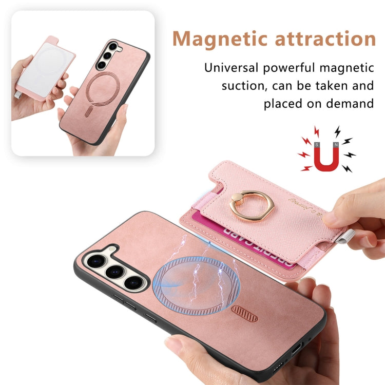 For Samsung Galaxy S23 5G Retro Cross Leather Ring Horizontal Insert Card Bag MagSafe Phone Case