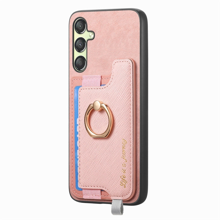 For Samsung Galaxy A14 Retro Cross Leather Ring Horizontal Insert Card Bag MagSafe Phone Case