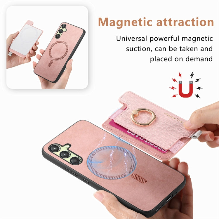 For Samsung Galaxy A14 Retro Cross Leather Ring Horizontal Insert Card Bag MagSafe Phone Case