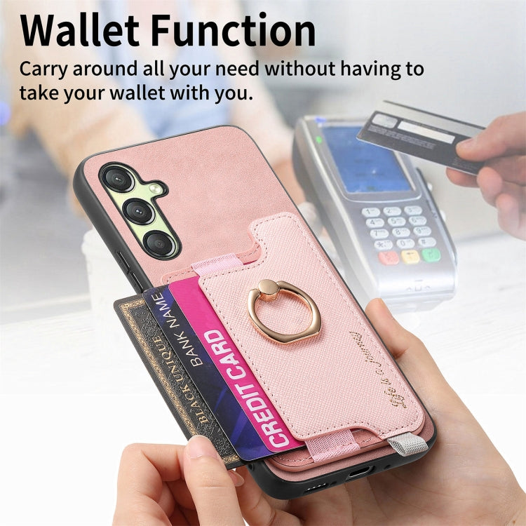 For Samsung Galaxy A14 Retro Cross Leather Ring Horizontal Insert Card Bag MagSafe Phone Case
