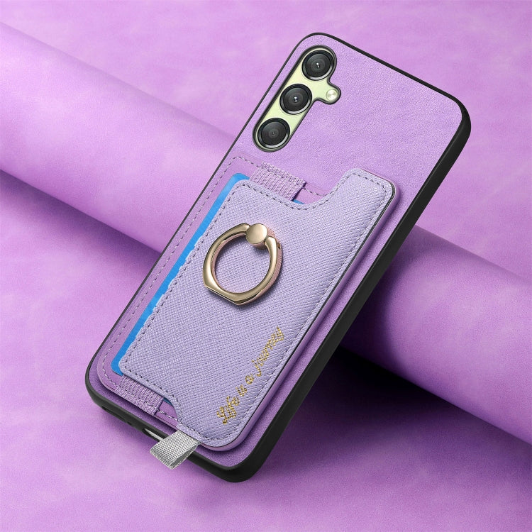 For Samsung Galaxy A14 Retro Cross Leather Ring Horizontal Insert Card Bag MagSafe Phone Case