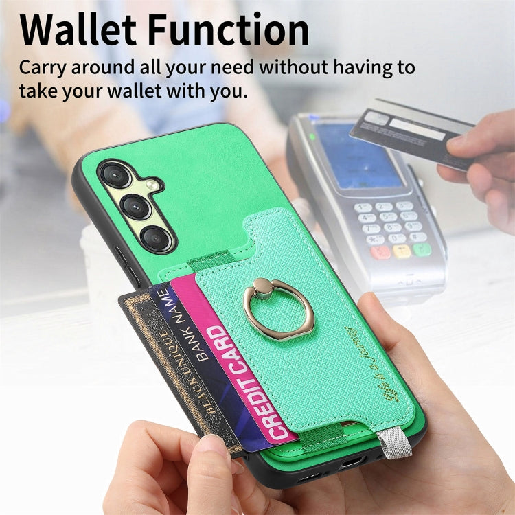 For Samsung Galaxy A14 Retro Cross Leather Ring Horizontal Insert Card Bag MagSafe Phone Case