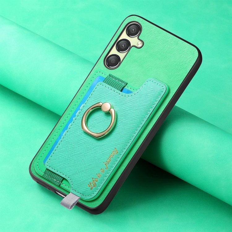 For Samsung Galaxy A14 Retro Cross Leather Ring Horizontal Insert Card Bag MagSafe Phone Case