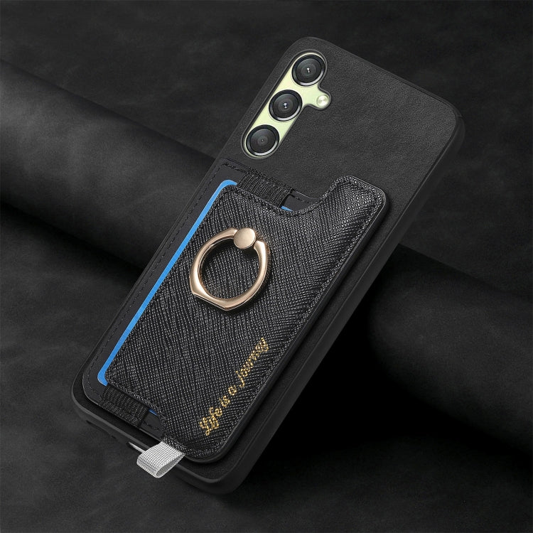 For Samsung Galaxy A14 Retro Cross Leather Ring Horizontal Insert Card Bag MagSafe Phone Case
