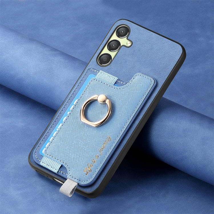 For Samsung Galaxy A14 Retro Cross Leather Ring Horizontal Insert Card Bag MagSafe Phone Case