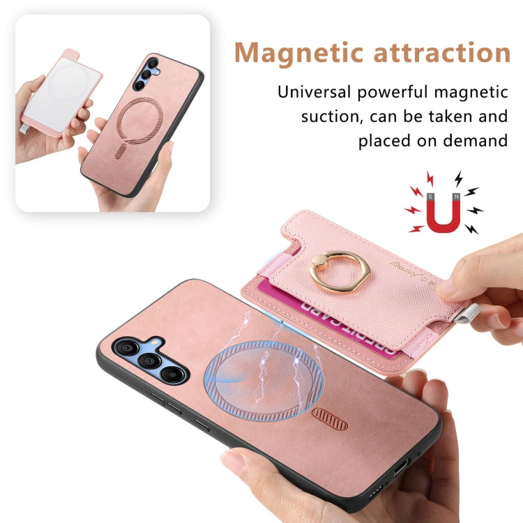 For Samsung Galaxy M34 / F34 5G Retro Cross Leather Ring Horizontal Insert Card Bag MagSafe Phone Case