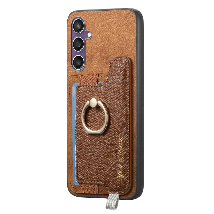 For Samsung Galaxy S24 FE 5G Retro Cross Leather Ring Horizontal Insert Card Bag MagSafe Phone Case