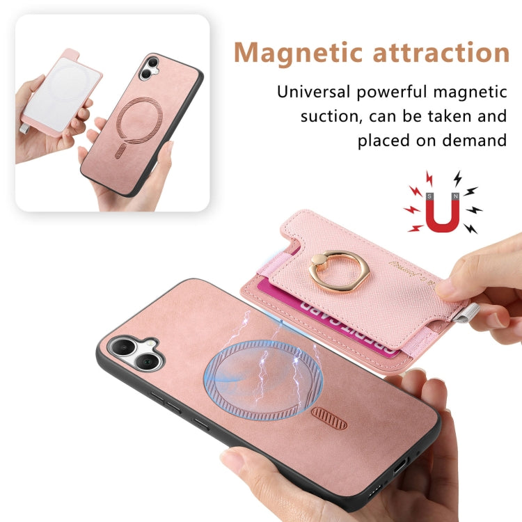 For Samsung Galaxy A06 Retro Cross Leather Ring Horizontal Insert Card Bag MagSafe Phone Case