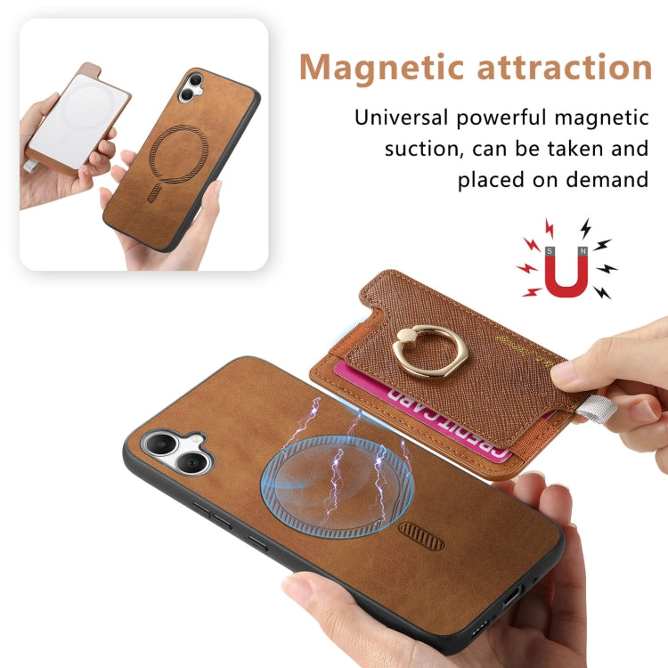 For Samsung Galaxy A06 Retro Cross Leather Ring Horizontal Insert Card Bag MagSafe Phone Case