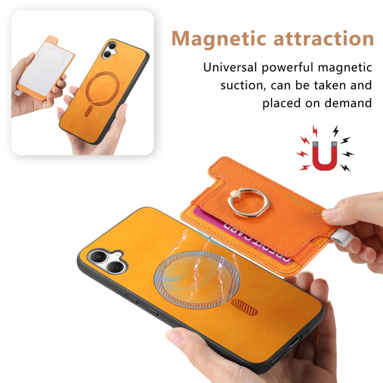 For Samsung Galaxy A06 Retro Cross Leather Ring Horizontal Insert Card Bag MagSafe Phone Case