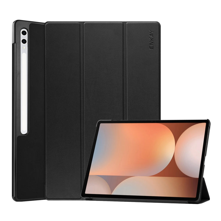 For Samsung Galaxy Tab S10+ / S9+ / S9 FE+ ENKAY Tri-fold Custer Texture Plastic Leather Smart Tablet Case with Pen Slot