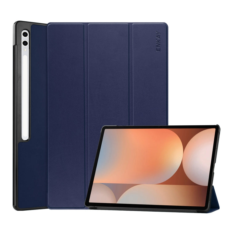 For Samsung Galaxy Tab S10+ / S9+ / S9 FE+ ENKAY Tri-fold Custer Texture Plastic Leather Smart Tablet Case with Pen Slot