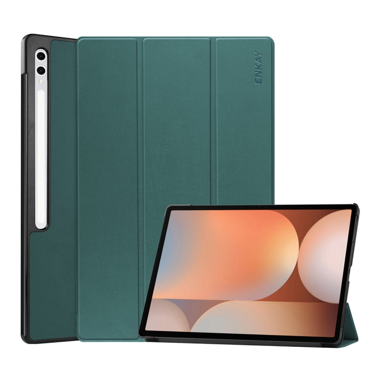 For Samsung Galaxy Tab S10 Ultra / S9 Ultra ENKAY Tri-fold Custer Texture Plastic Leather Smart Tablet Case with Pen Slot