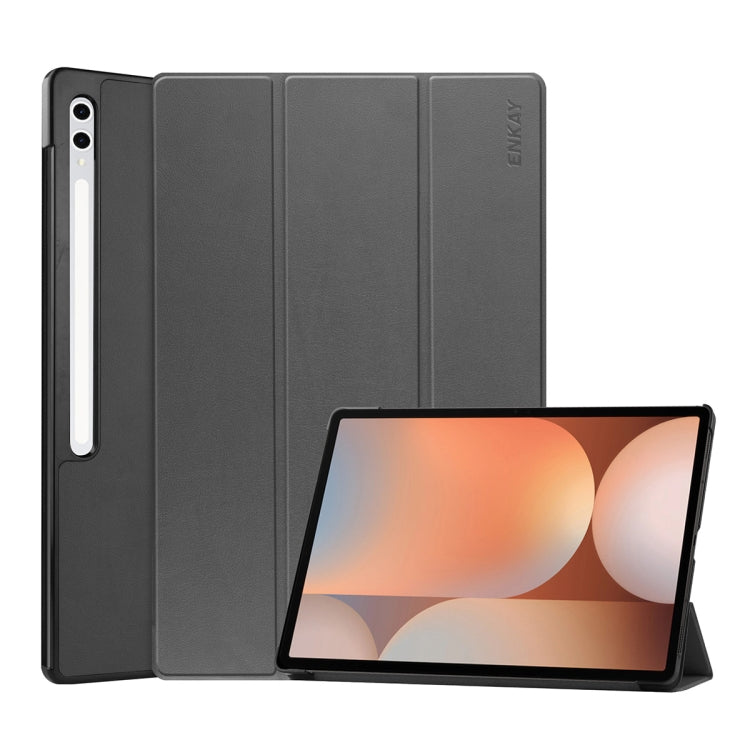 For Samsung Galaxy Tab S10 Ultra / S9 Ultra ENKAY Tri-fold Custer Texture Plastic Leather Smart Tablet Case with Pen Slot