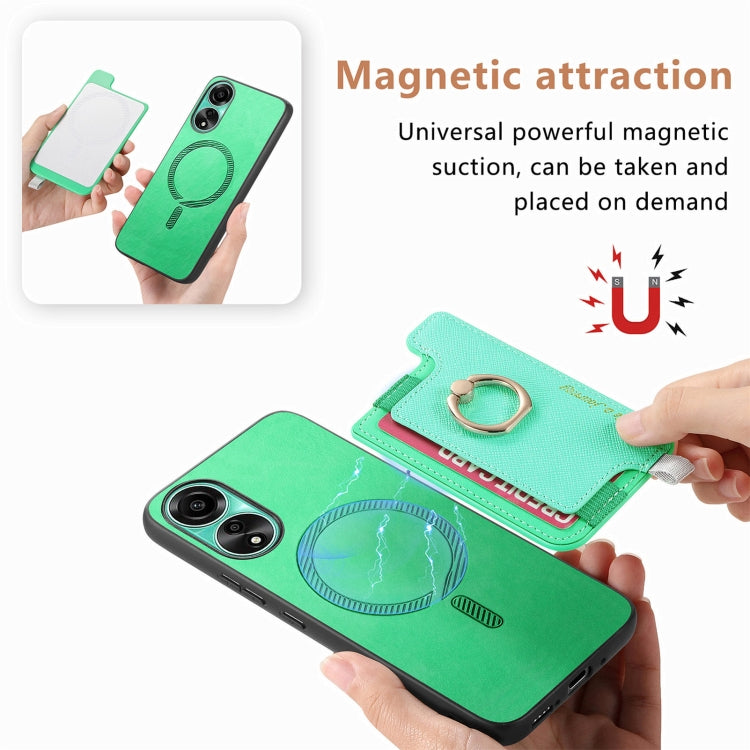 For OPPO Reno12 Global Retro Magsafe Cross Leather Ring Holder Card Bag Phone Case