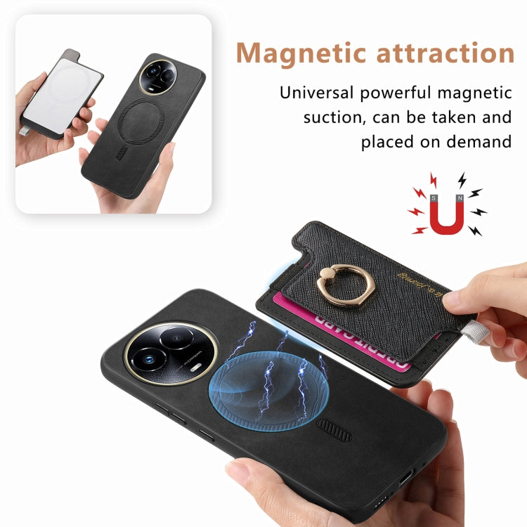 For Realme 11 5G Global Retro Magsafe Cross Leather Ring Holder Card Bag Phone Case