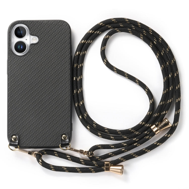For iPhone 16 Plus Carbon Fiber Texture Leather Back Phone Case with Crossbody Strap