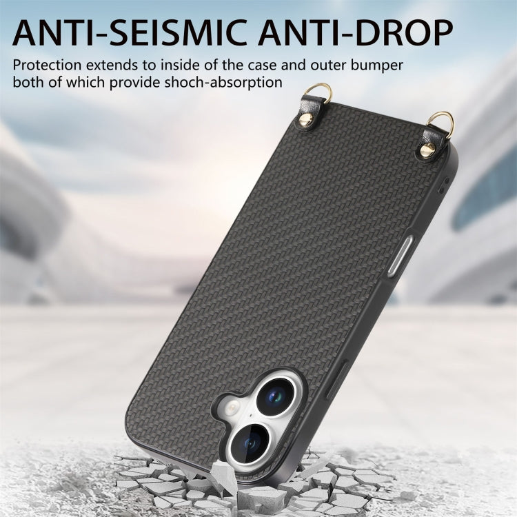 For iPhone 16 Plus Carbon Fiber Texture Leather Back Phone Case with Crossbody Strap