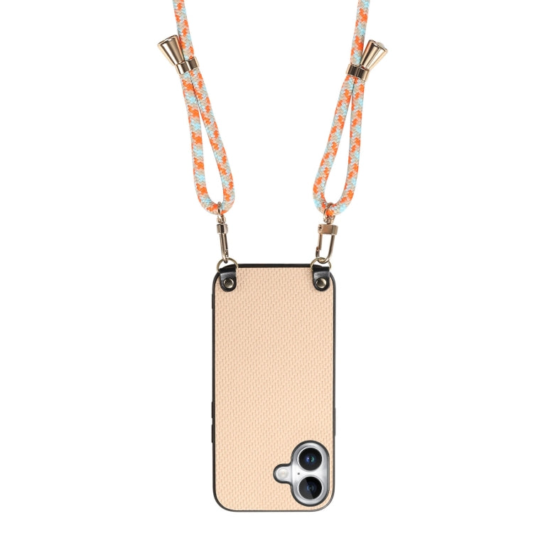For iPhone 16 Plus Carbon Fiber Texture Leather Back Phone Case with Crossbody Strap
