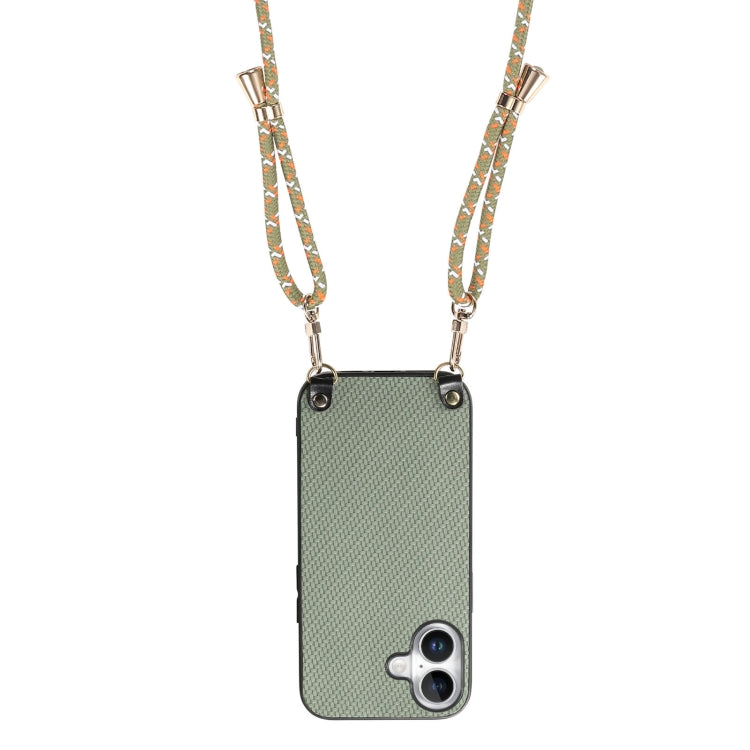 For iPhone 16 Carbon Fiber Texture Leather Back Phone Case with Crossbody Strap
