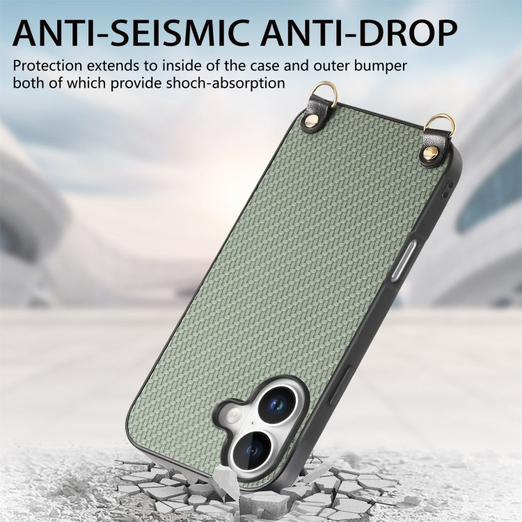 For iPhone 16 Carbon Fiber Texture Leather Back Phone Case with Crossbody Strap