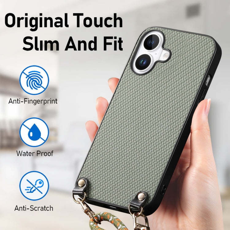 For iPhone 16 Carbon Fiber Texture Leather Back Phone Case with Crossbody Strap