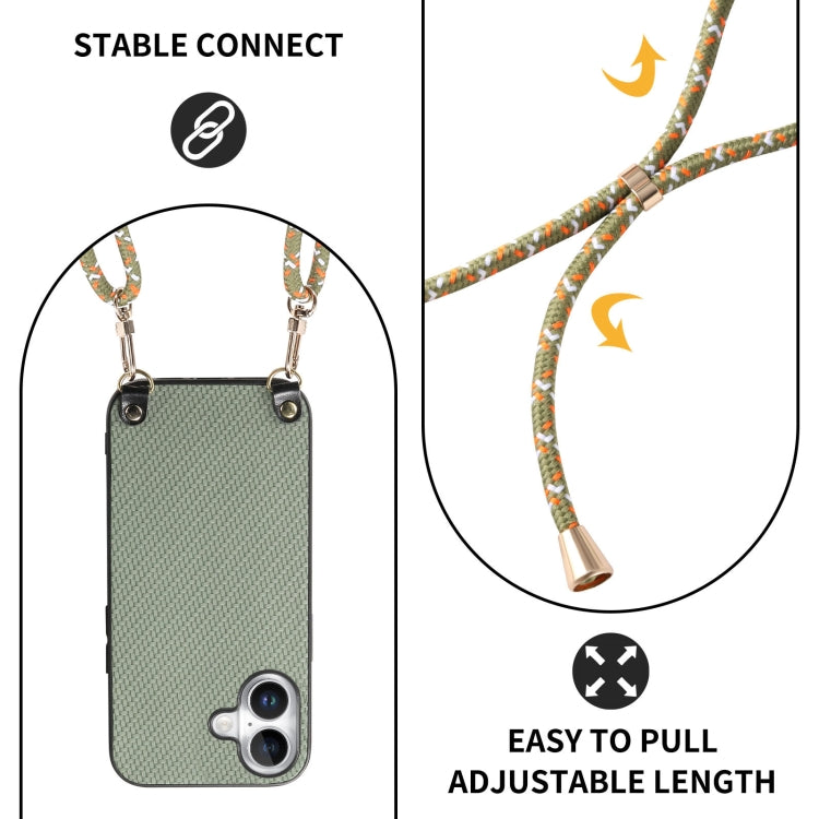 For iPhone 16 Carbon Fiber Texture Leather Back Phone Case with Crossbody Strap