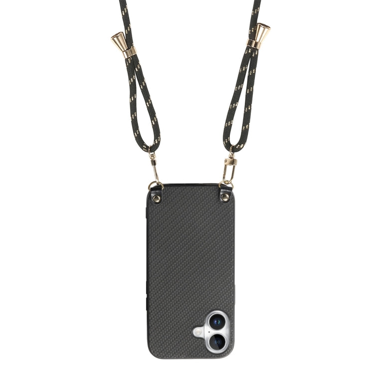 For iPhone 16 Carbon Fiber Texture Leather Back Phone Case with Crossbody Strap
