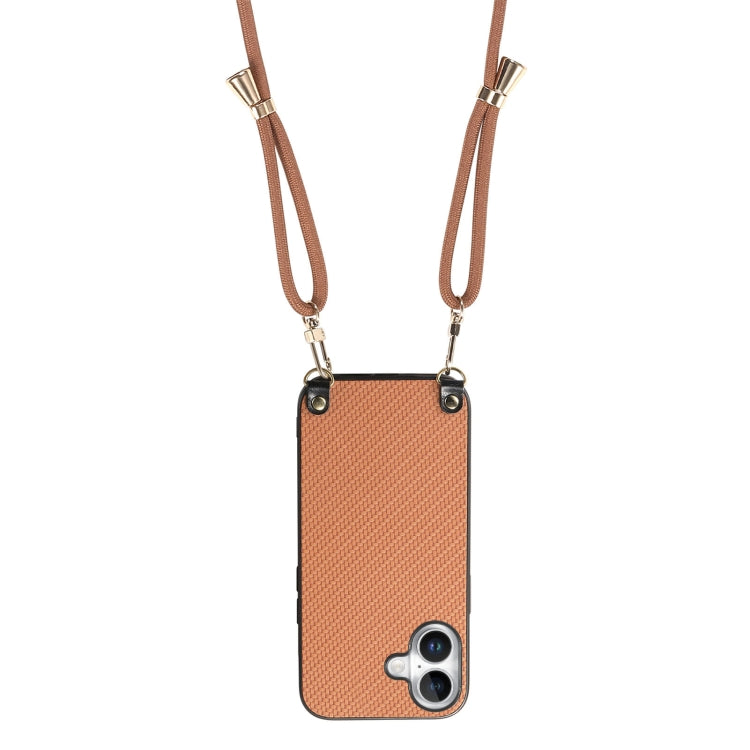 For iPhone 16 Carbon Fiber Texture Leather Back Phone Case with Crossbody Strap