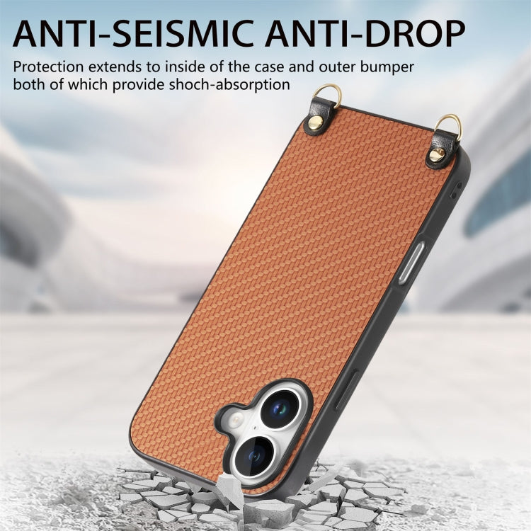 For iPhone 16 Carbon Fiber Texture Leather Back Phone Case with Crossbody Strap