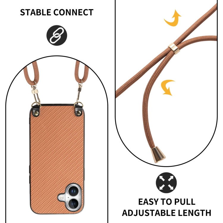 For iPhone 16 Carbon Fiber Texture Leather Back Phone Case with Crossbody Strap