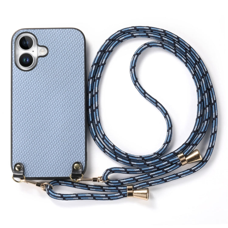 For iPhone 16 Carbon Fiber Texture Leather Back Phone Case with Crossbody Strap