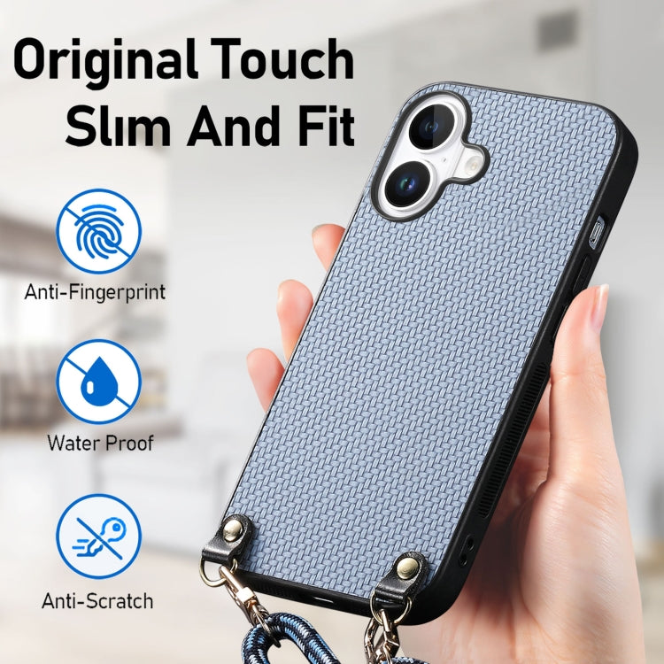 For iPhone 16 Carbon Fiber Texture Leather Back Phone Case with Crossbody Strap