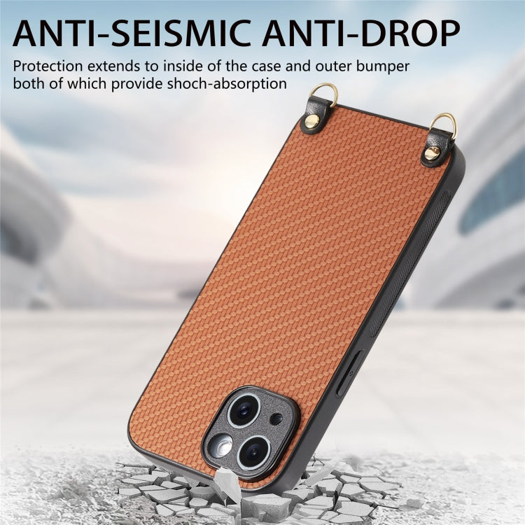 For iPhone 15 Pro Max Carbon Fiber Texture Leather Back Phone Case with Crossbody Strap