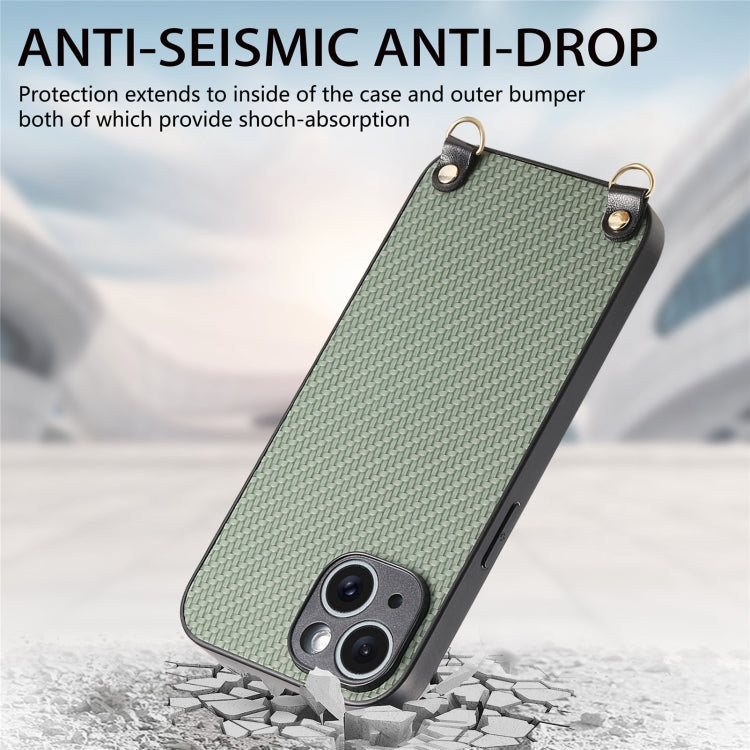For iPhone 15 Plus Carbon Fiber Texture Leather Back Phone Case with Crossbody Strap