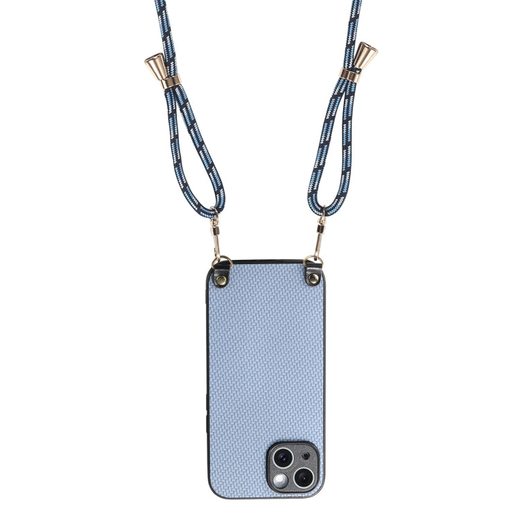 For iPhone 15 Plus Carbon Fiber Texture Leather Back Phone Case with Crossbody Strap