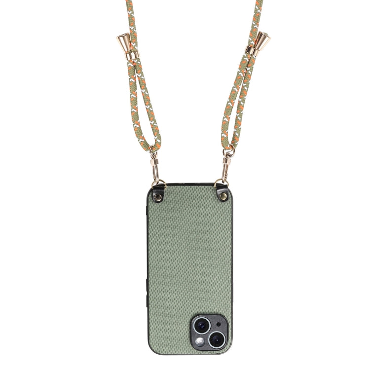 For iPhone 15 Carbon Fiber Texture Leather Back Phone Case with Crossbody Strap