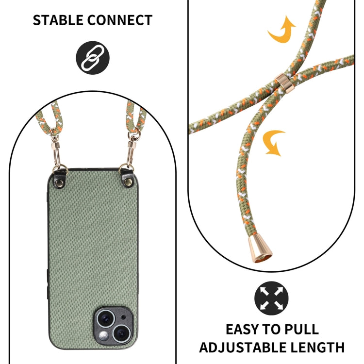 For iPhone 15 Carbon Fiber Texture Leather Back Phone Case with Crossbody Strap