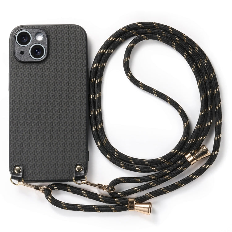 For iPhone 15 Carbon Fiber Texture Leather Back Phone Case with Crossbody Strap