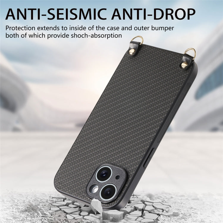 For iPhone 15 Carbon Fiber Texture Leather Back Phone Case with Crossbody Strap